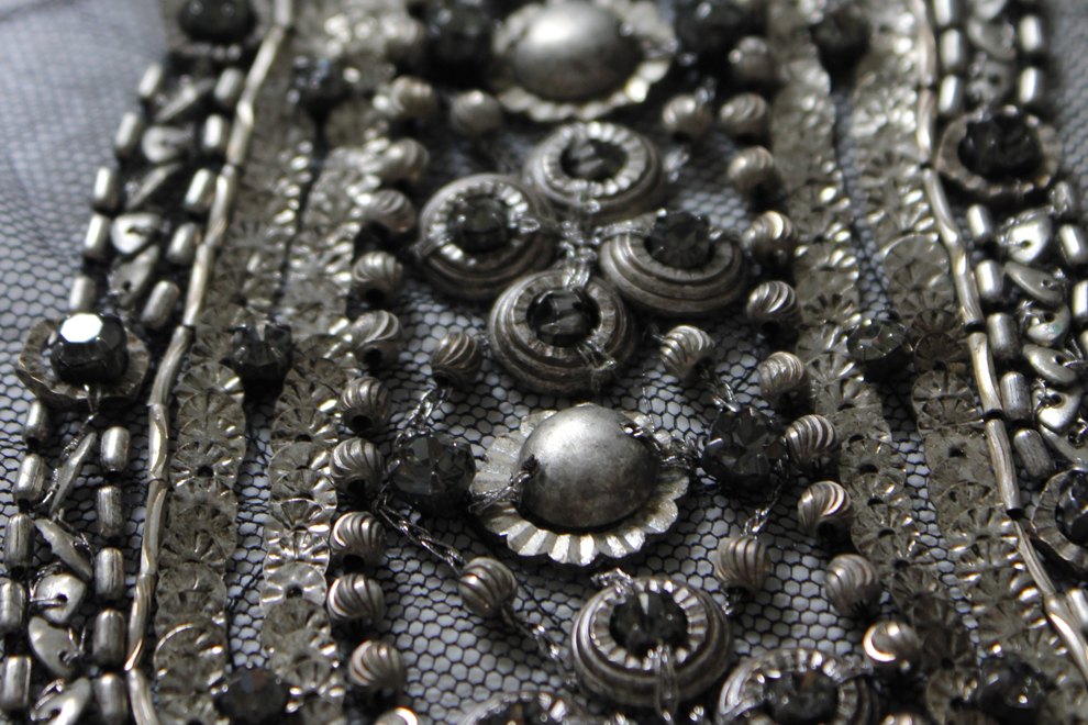 Ornate silver metalwork embroidery on black net — Imroz Fashions